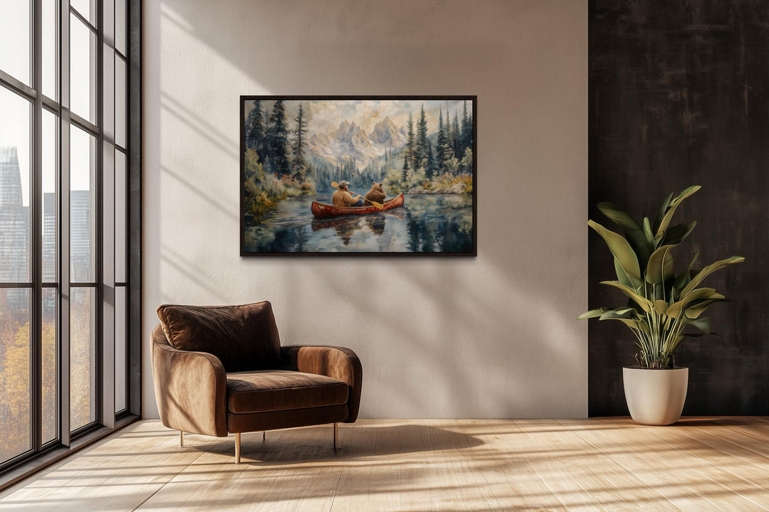 Canoe Adventure wall art with a man and bear on a mountain lake.