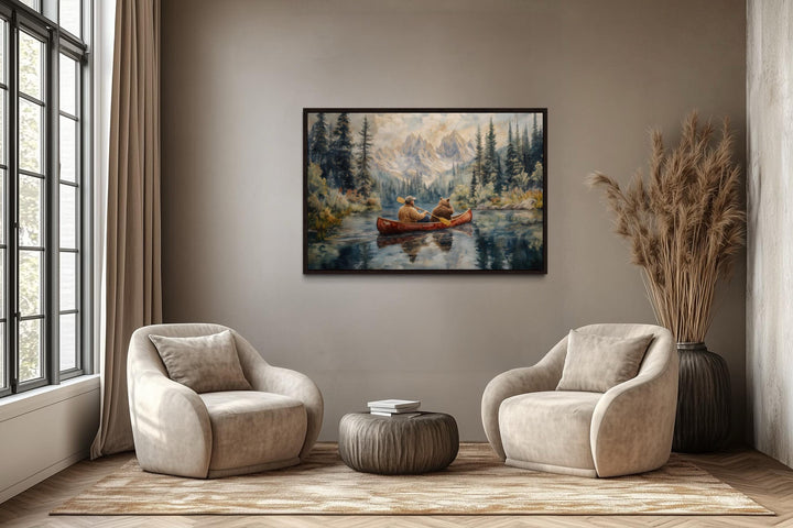 Canoe adventure wall art with a man and bear on a mountain lake.