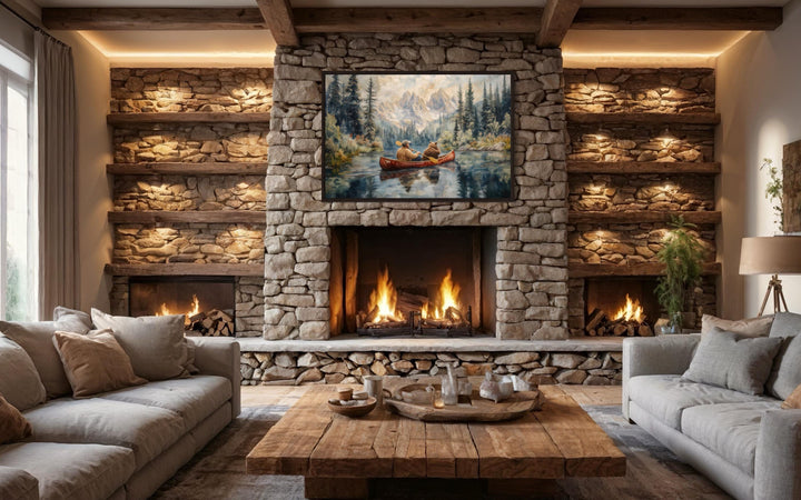 Man and bear in canoe on mountain lake wall art.