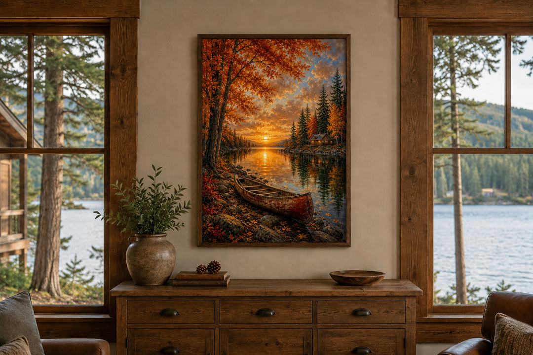 Vertical canvas print of a canoe on a lake at sunset with vibrant orange autumn trees.