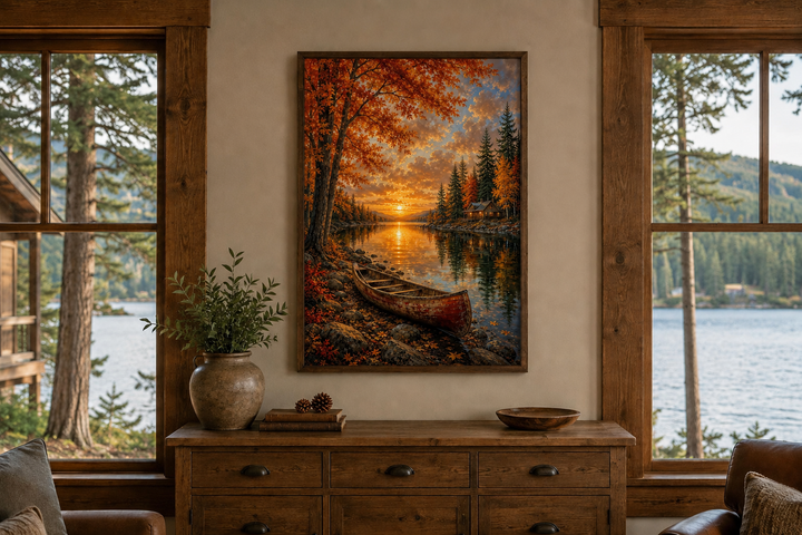 Vertical canvas print of a canoe on a lake at sunset with vibrant orange autumn trees.
