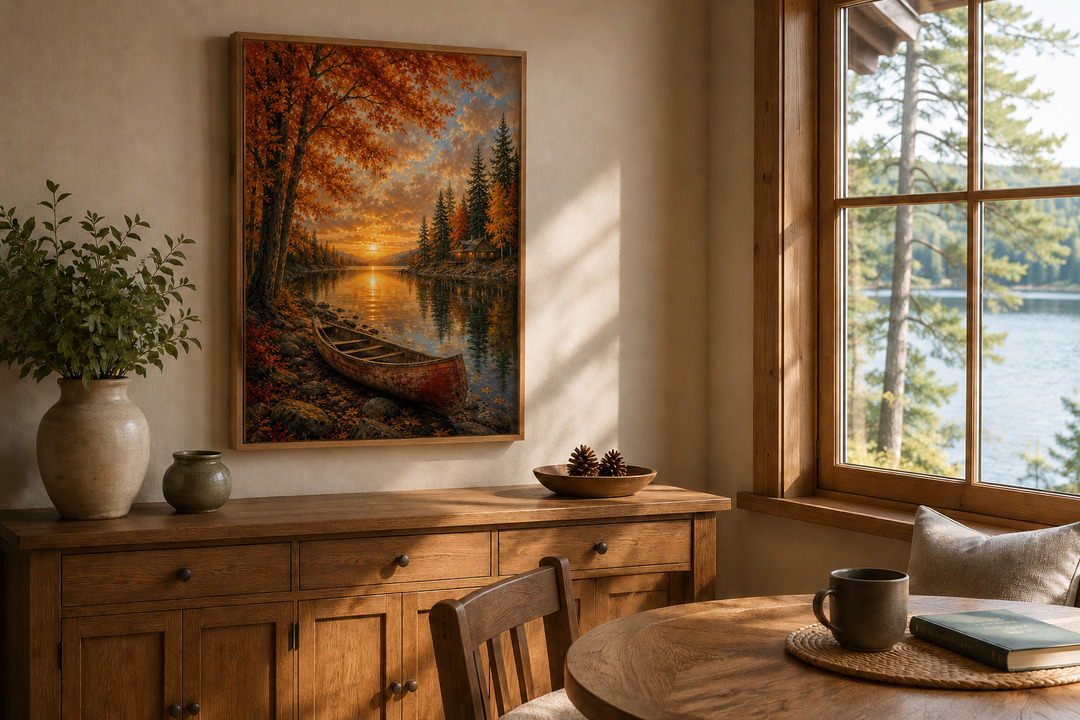 Vertical canvas print of a canoe on a lake at sunset with vibrant orange autumn trees.