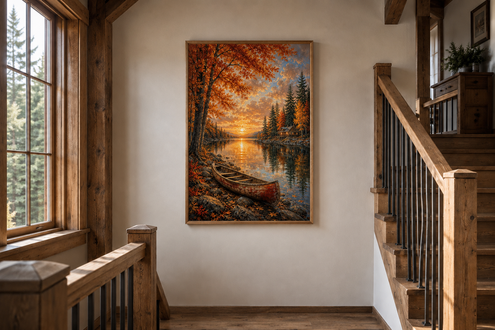 Vertical canvas print of a canoe on a lake at sunset with vibrant orange autumn trees.