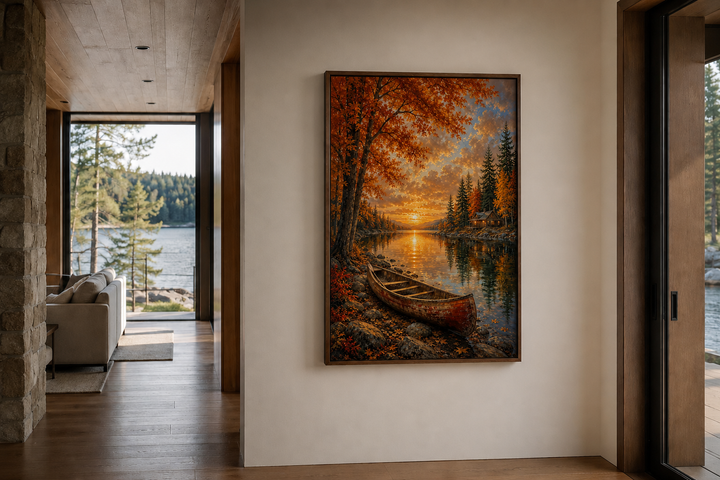 Vertical canvas print of a wooden canoe on a lake shore at sunset with vibrant orange autumn trees.