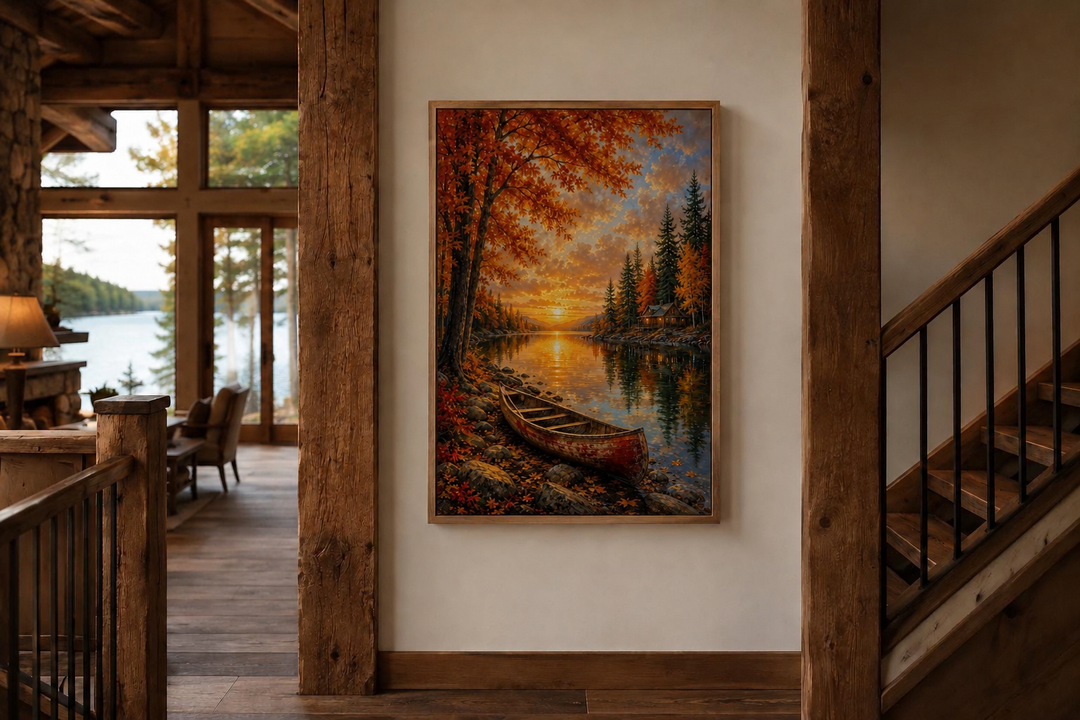 Vertical canvas print of a canoe on an autumn lake at sunset, framed on a rustic cabin wall.