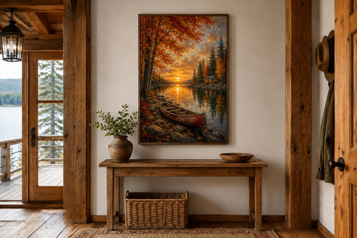Vertical canvas print of a canoe on an autumn lake at sunset, displayed in a rustic cabin entryway.
