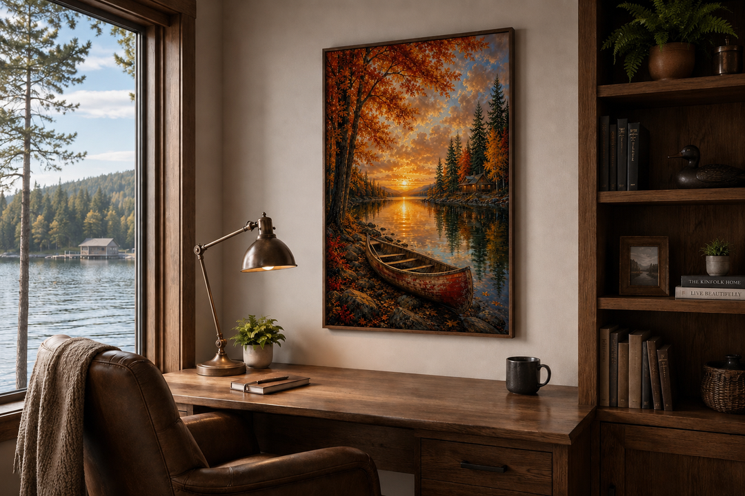 Vertical canvas print of a canoe on an autumn lake at sunset, hung above a rustic wooden desk.