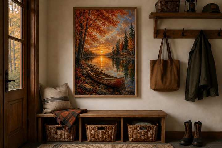 Vertical canvas print of a canoe on a lake at sunset with vibrant orange autumn trees.