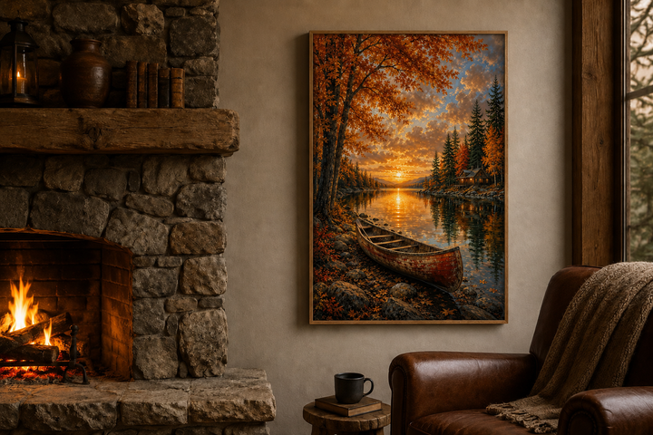 Vertical canvas print of a canoe on a lake at sunset with autumn trees in a rustic living room.