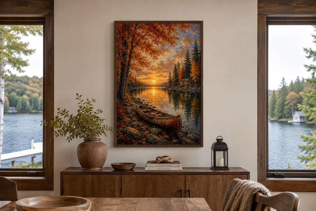 Vertical canvas print of a canoe on a lake at sunset with vibrant orange and gold autumn trees.
