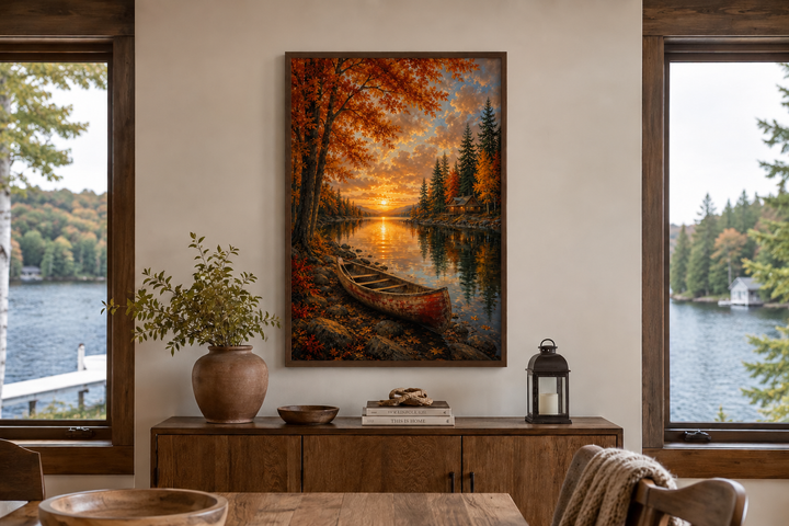 Vertical canvas print of a canoe on a lake at sunset with vibrant orange autumn trees.