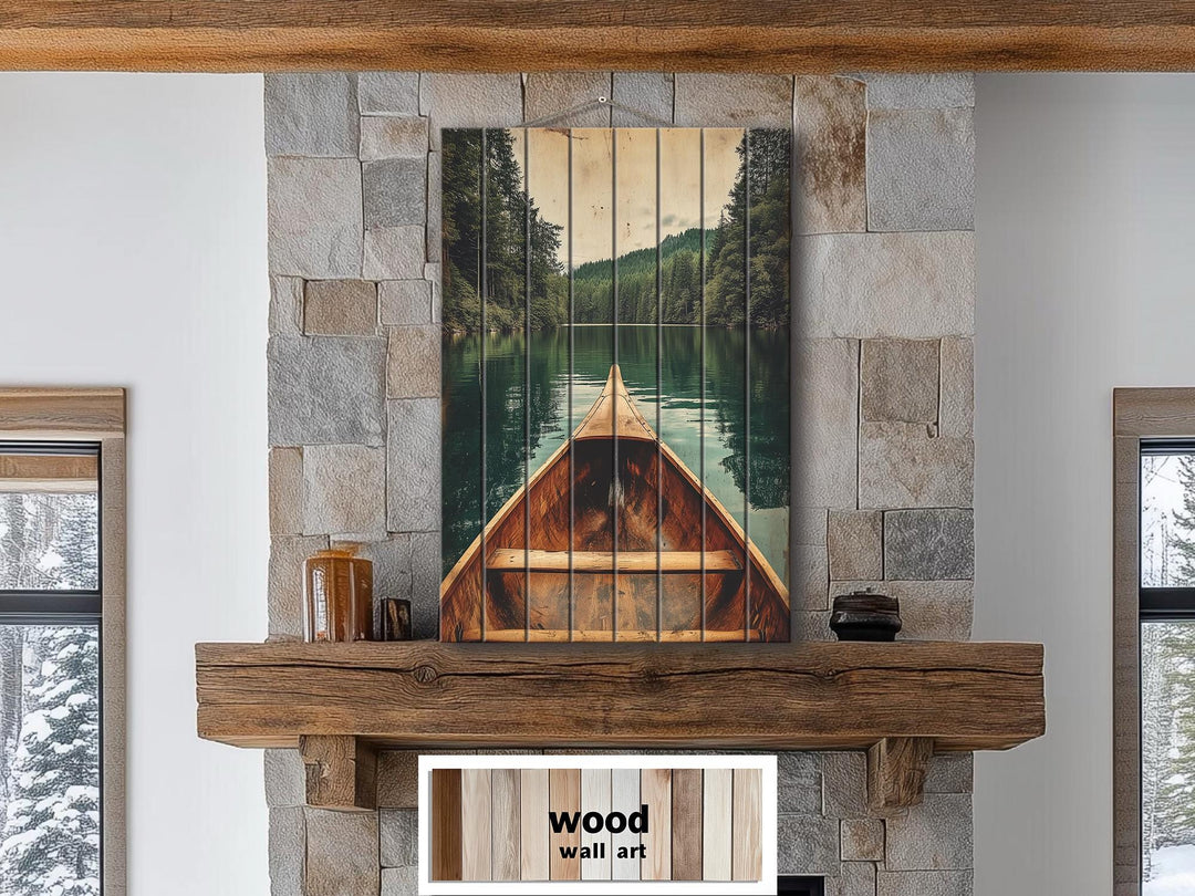 Canoe In Green Lake Distressed Wood Wall Art