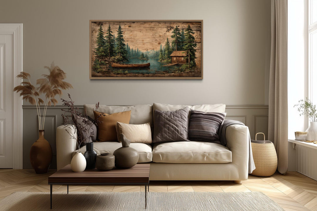 Canoe In The Lake And Pine Forest Scene Canvas Wall Art For Rustic Cabin Decor