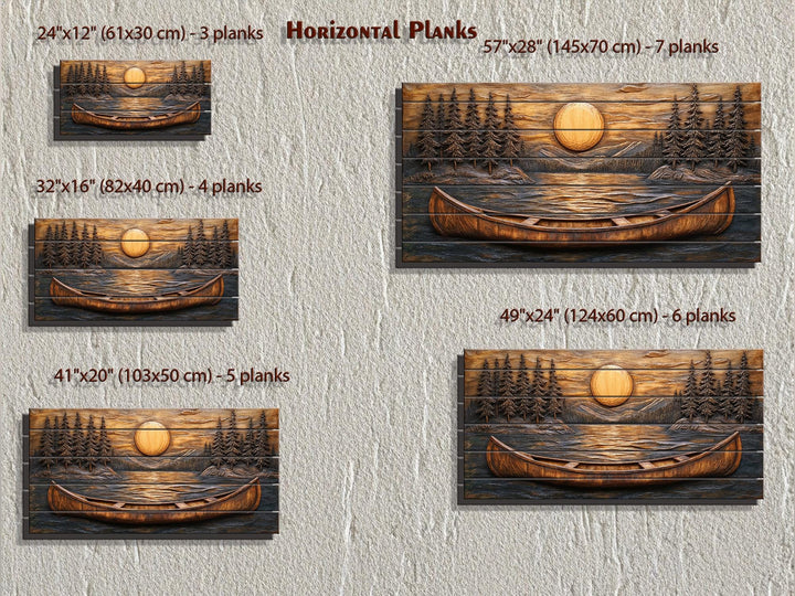 Canoe in the lake at sunset wood wall art shown in five horizontal plank sizes for cabin decor.