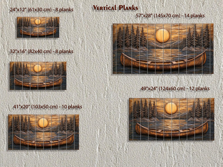Canoe in the lake at sunset wood wall art shown in five different sizes and plank configurations.