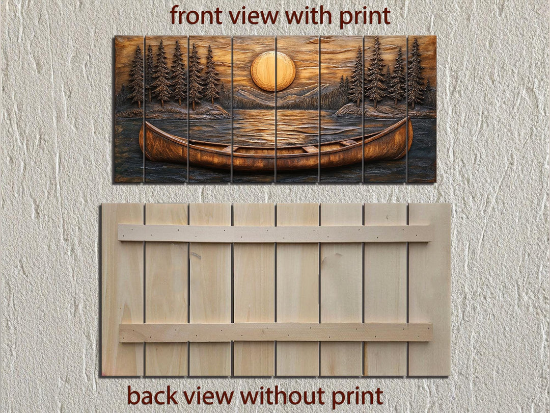 Canoe in the lake at sunset wood wall art shown in front and back views.