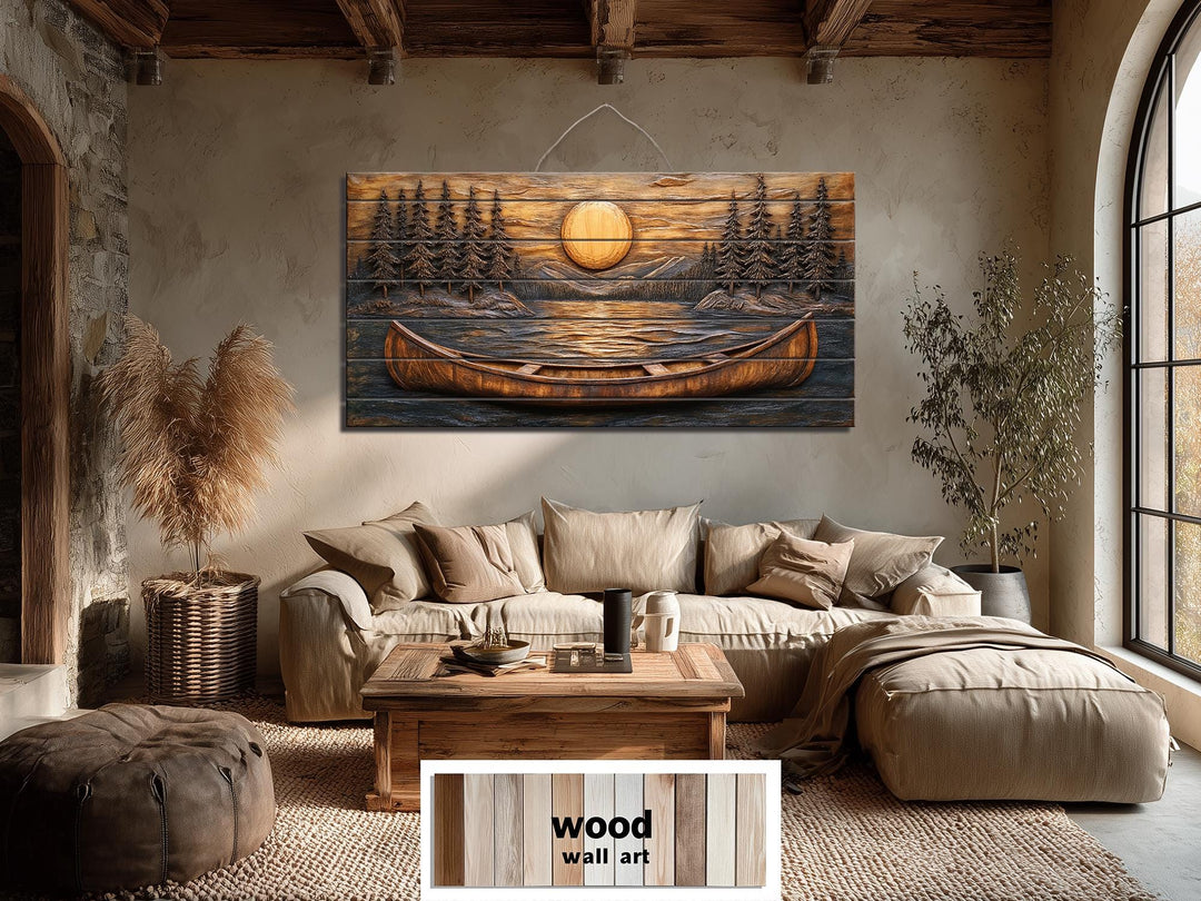 Canoe in the lake at sunset wood wall art hanging in a rustic living room.