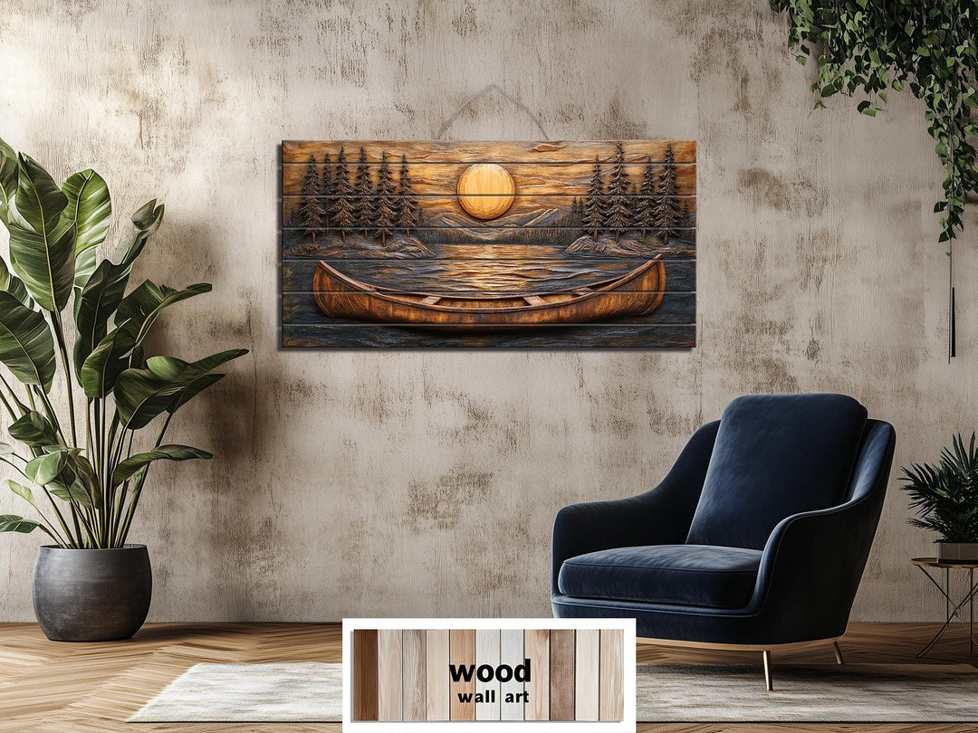 Canoe in the lake at sunset wood wall art displayed in a rustic living room setting.