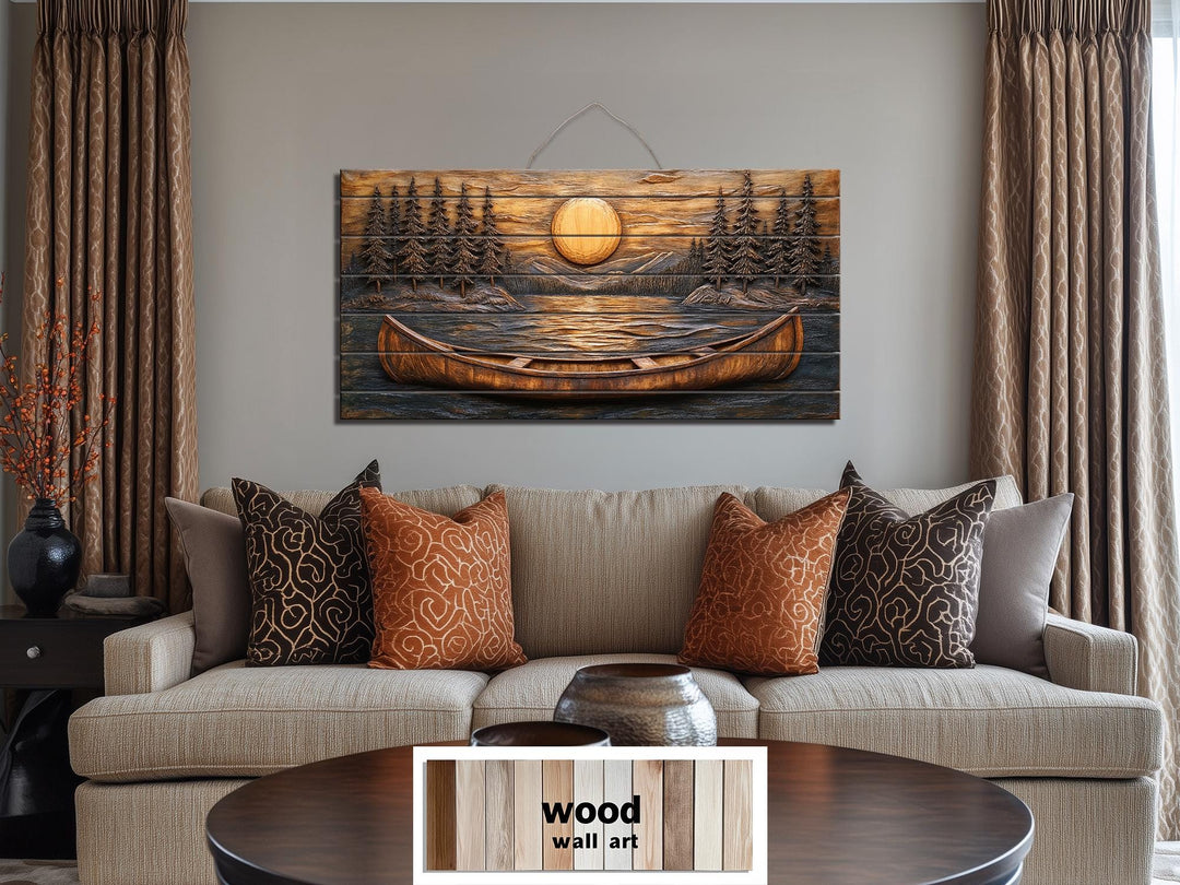 Canoe in the lake at sunset wood wall art displayed above a sofa in a rustic living room.