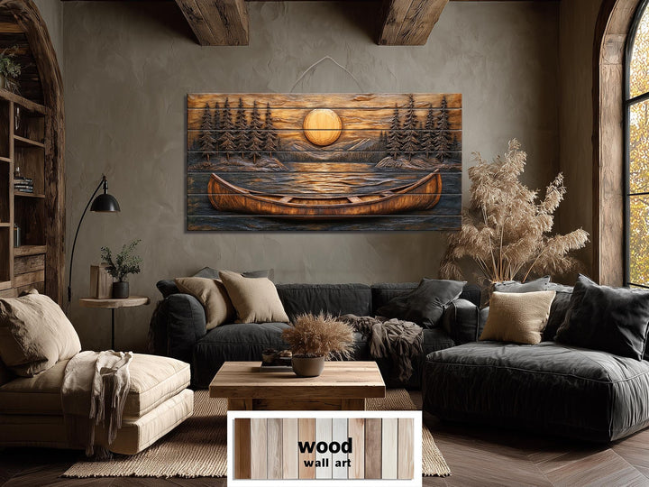 Panoramic wood wall art of a canoe on a lake at sunset, displayed in a rustic living room.