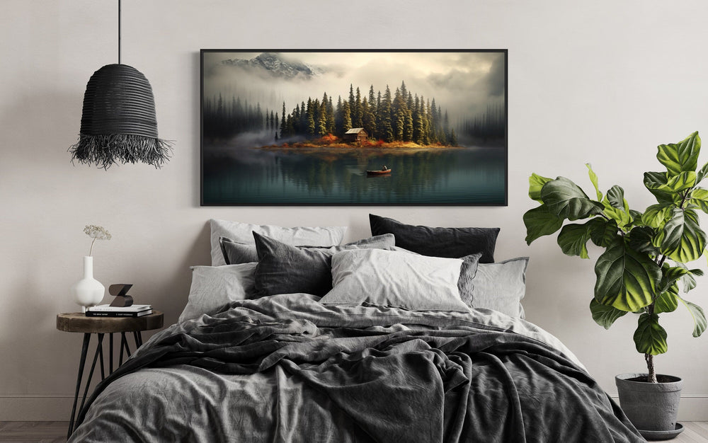 Canoe In the Lake Landscape Wall Art "Canoe Twilight" over black bed