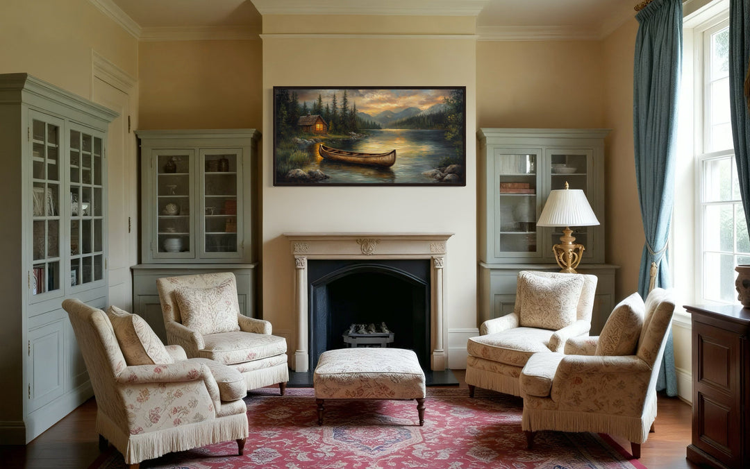 Canoe In the Lake Landscape Framed Canvas Wall Art