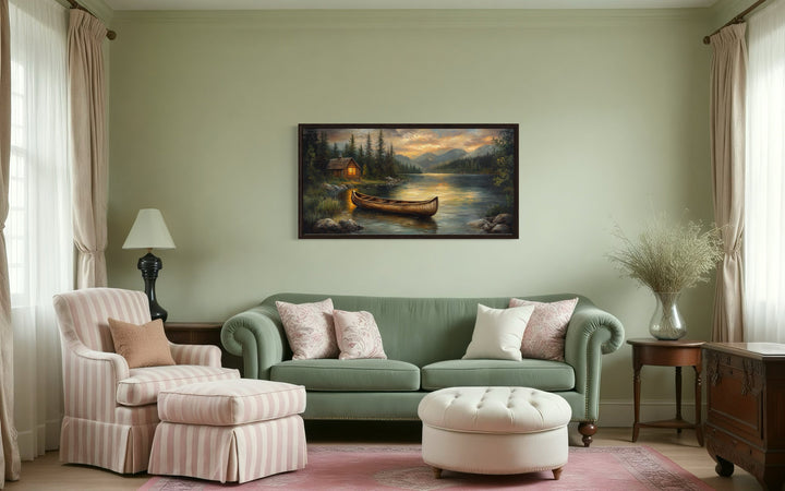 Canoe In the Lake Landscape Framed Canvas Wall Art