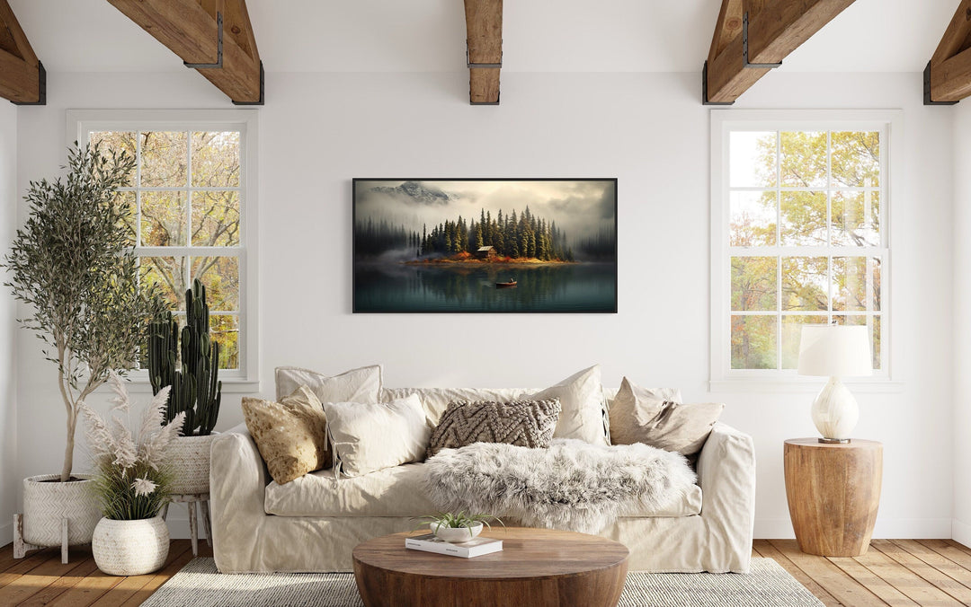 Canoe In the Lake Landscape Wall Art "Canoe Twilight" over beige couch