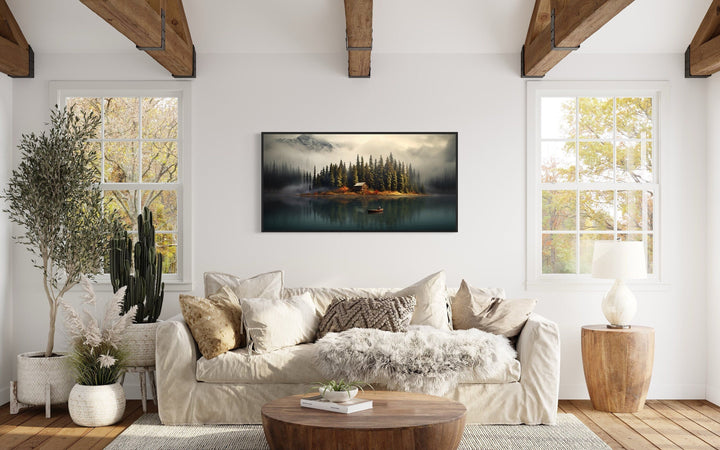 Canoe In the Lake Landscape Framed Canvas Wall Art