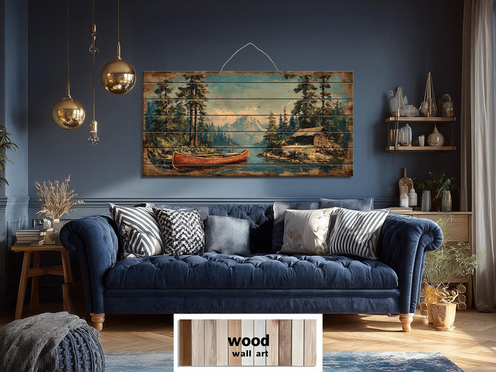 Canoe On Mountain Lake Cabin Scene Rustic Lodge Distressed Wood Wall Art