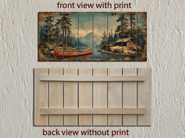Canoe On Mountain Lake Cabin Scene Rustic Lodge Distressed Wood Wall Art