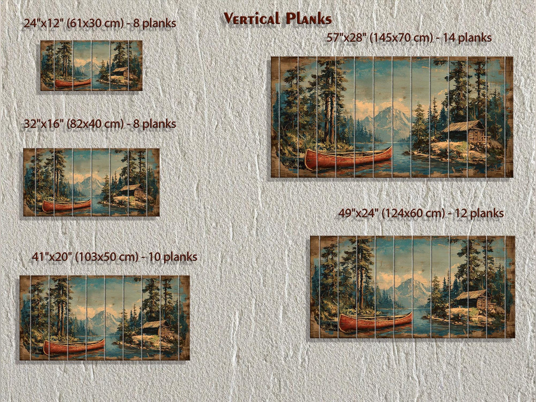 Canoe On Mountain Lake Cabin Scene Rustic Lodge Distressed Wood Wall Art