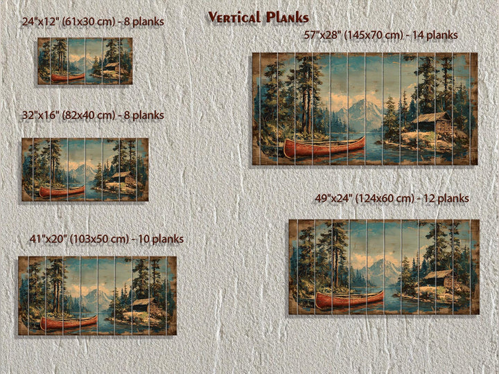 Canoe On Mountain Lake Cabin Scene Rustic Lodge Distressed Wood Wall Art