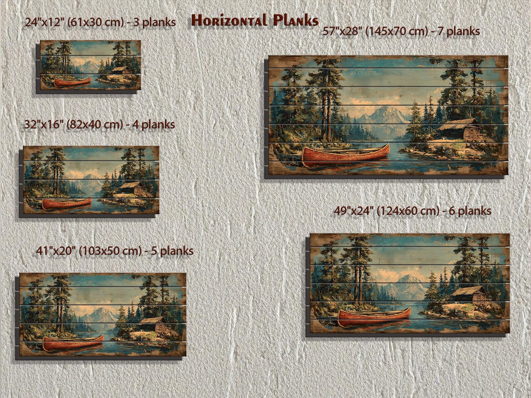 Canoe On Mountain Lake Cabin Scene Rustic Lodge Distressed Wood Wall Art