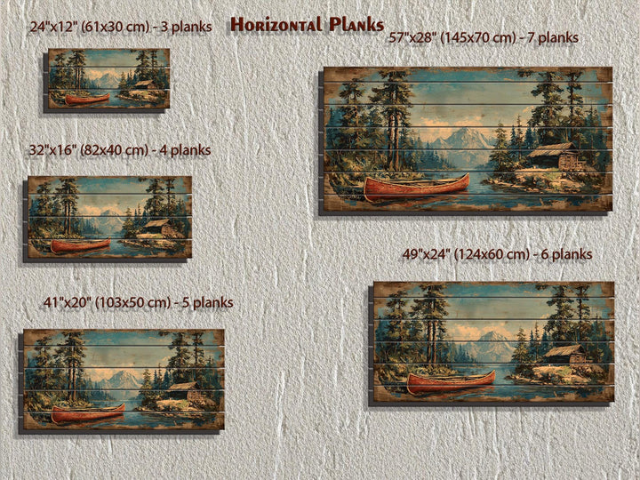 Canoe On Mountain Lake Cabin Scene Rustic Lodge Distressed Wood Wall Art