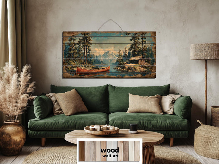 Canoe On Mountain Lake Cabin Scene Rustic Lodge Distressed Wood Wall Art