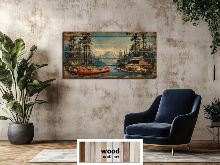 Canoe On Mountain Lake Cabin Scene Rustic Lodge Distressed Wood Wall Art