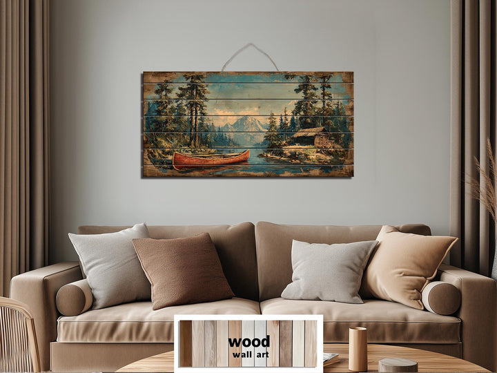 Canoe On Mountain Lake Cabin Scene Rustic Lodge Distressed Wood Wall Art