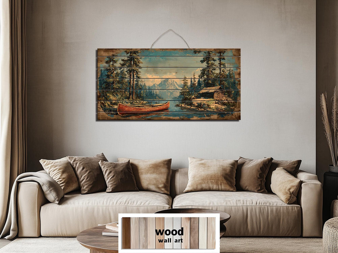 Canoe On Mountain Lake Cabin Scene Rustic Lodge Distressed Wood Wall Art
