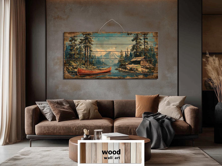 Canoe On Mountain Lake Cabin Scene Rustic Lodge Distressed Wood Wall Art