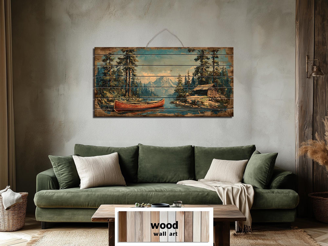 Canoe On Mountain Lake Cabin Scene Rustic Lodge Distressed Wood Wall Art