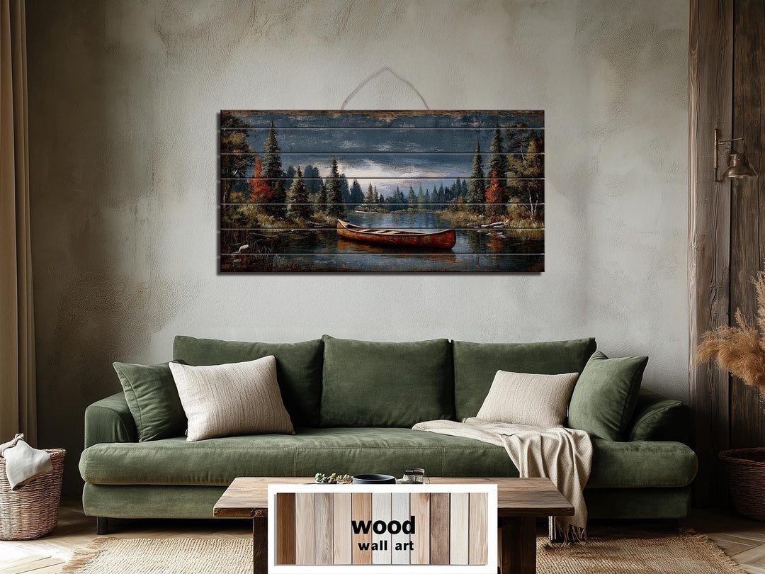 Canoe On Mountain Lake Distressed Wood Wall Art