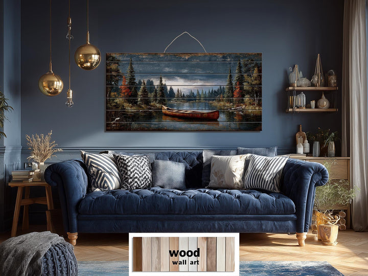 Canoe On Mountain Lake Distressed Wood Wall Art