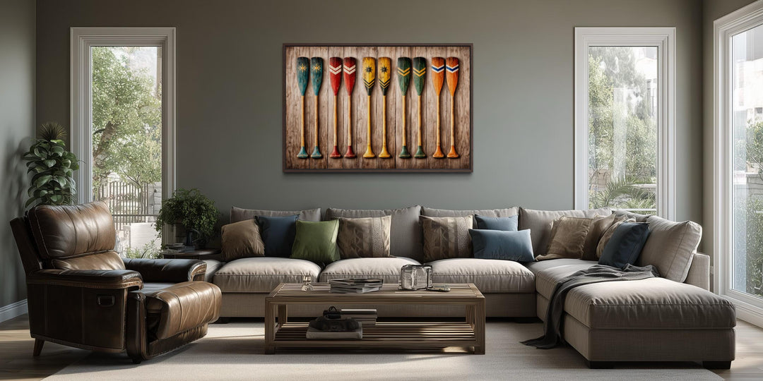 Rustic wooden canoe paddle canvas print displayed above a sofa in a lake house living room.