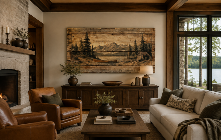 Canoe on mountain lake canvas wall art displayed above a wooden sideboard in a rustic living room.