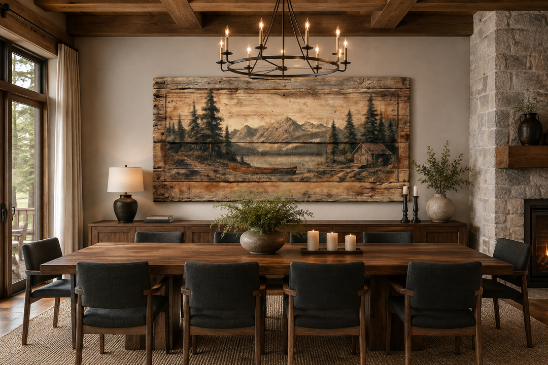 Rustic wood-panel wall art depicting a canoe on a mountain lake above a dining table.