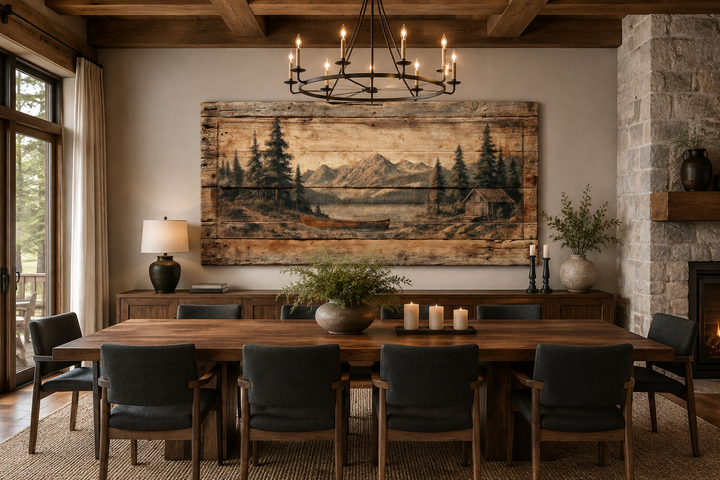 Rustic wood-panel wall art depicting a canoe on a mountain lake above a dining table.