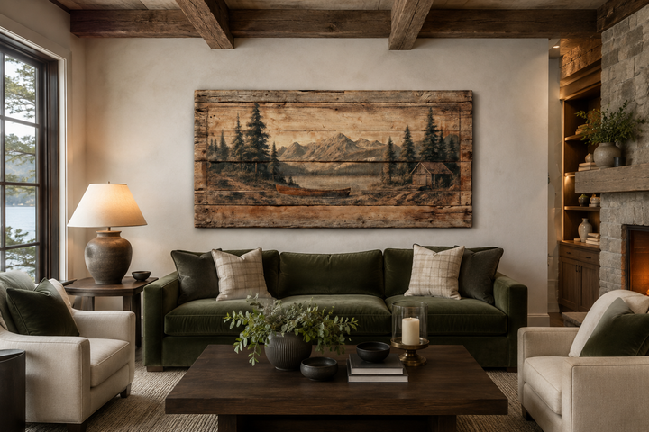 Canoe on mountain lake canvas wall art on a rustic wood panel above a green sofa in a cozy room.