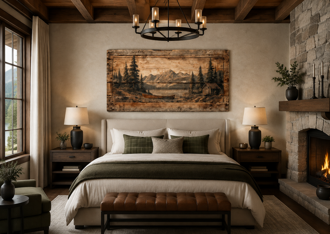 Rustic canoe on mountain lake canvas wall art displayed above a bed in a cozy cabin bedroom.