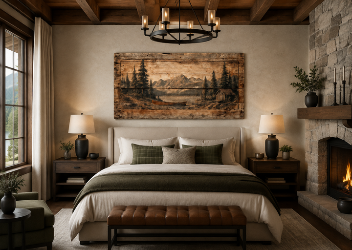 Rustic canoe on mountain lake canvas wall art displayed above a bed in a cozy cabin bedroom.